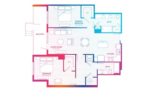Floor plan for 2 beds, 2 baths, 1257 sqft